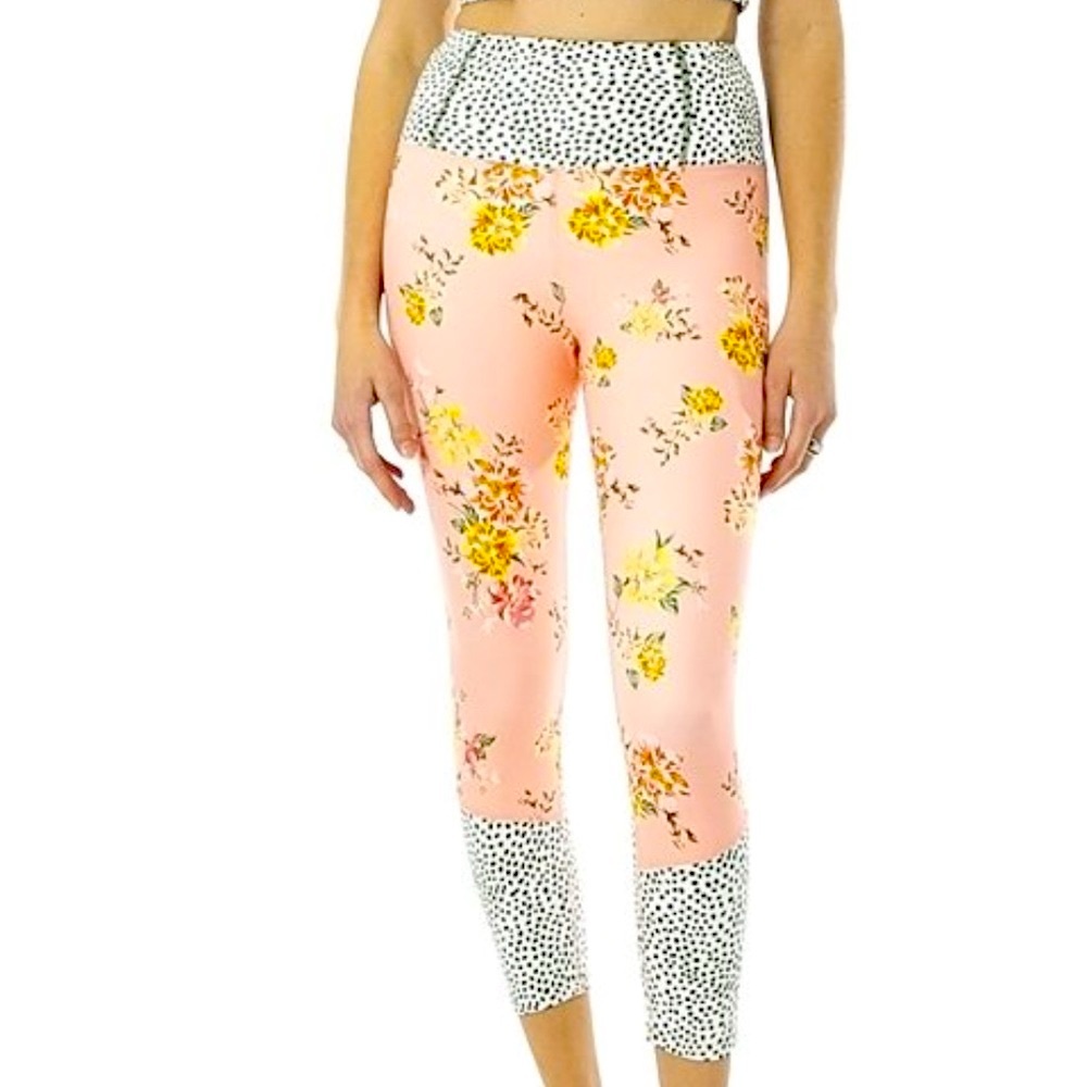Nanette Lepore High Waist Peach Garden Floral Dots Pocket Crop Active Leggings